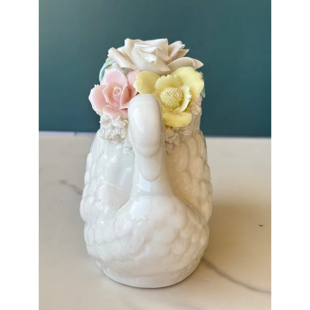 Vintage Porcelain Swan Figurine Applied Pastel Flowers